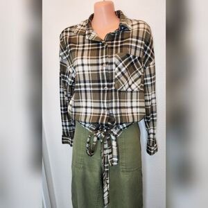 POLLY&ESTHER Soft Plaid Button Down Drawstring Hem Shirt